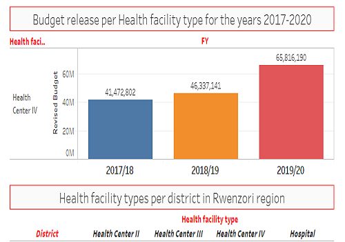 Budget data on allocations for each health facility type per district in the Rwenzori sub-region (2017-2020)