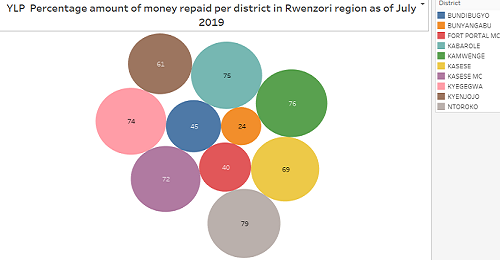 YLP Funds repayment data per district in Rwenzori sub-region (2013 – 2019).